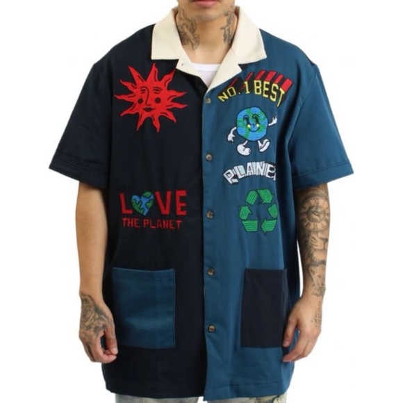 First Row Best Planet Woven Button Down Short Sleeve Shirt Blue Colorblock - Picture 1 of 10